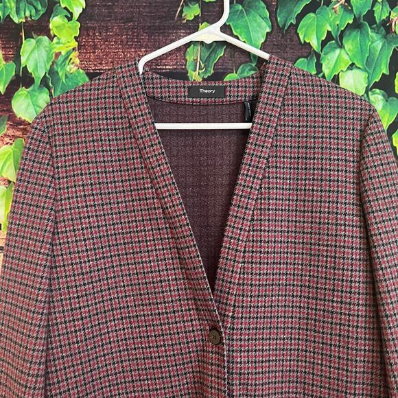 Theory Collin Houndstooth Knit Cardigan Womens Small Merlot Multi Blazer $175 - Picture 9 of 9